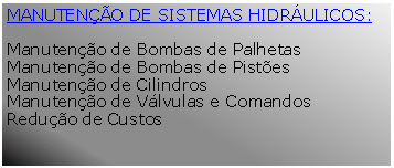 Caixa de texto: MANUTENO DE SISTEMAS HIDRULICOS:Manuteno de Bombas de PalhetasManuteno de Bombas de PistesManuteno de CilindrosManuteno de Vlvulas e Comandos Reduo de Custos 