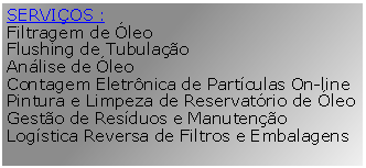 Caixa de texto: SERVIOS :Filtragem de leo Flushing de TubulaoAnlise de leo Contagem Eletrnica de Partculas On-linePintura e Limpeza de Reservatrio de leo Gesto de Resduos e ManutenoLogstica Reversa de Filtros e Embalagens 